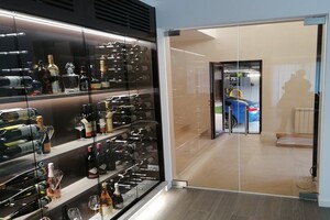 Ganzglastür mit Festelement und Stahlprofil in gewerblichem Innenraum – Glas auf Mass Wien