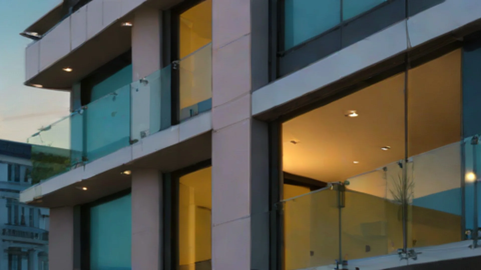 Glasgeländer an moderner Architektur bei Abendlicht
